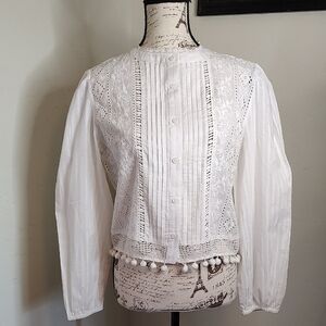 White Eyelet Button Down Cotton Bohemian Western Blouse Size M